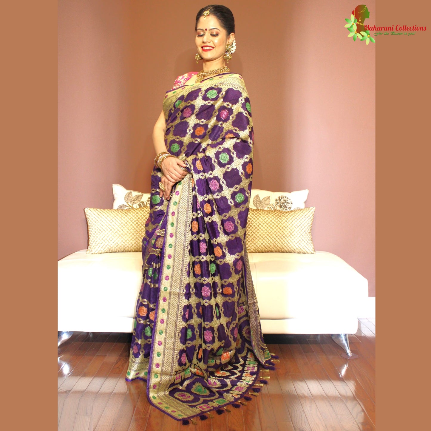 Maharani's Pure Banarasi Silk Saree - Purple (with Stitched Blouse and Petticoat)