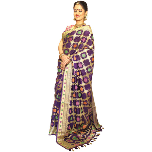 Maharani's Pure Banarasi Silk Saree - Purple (with Stitched Blouse and Petticoat)