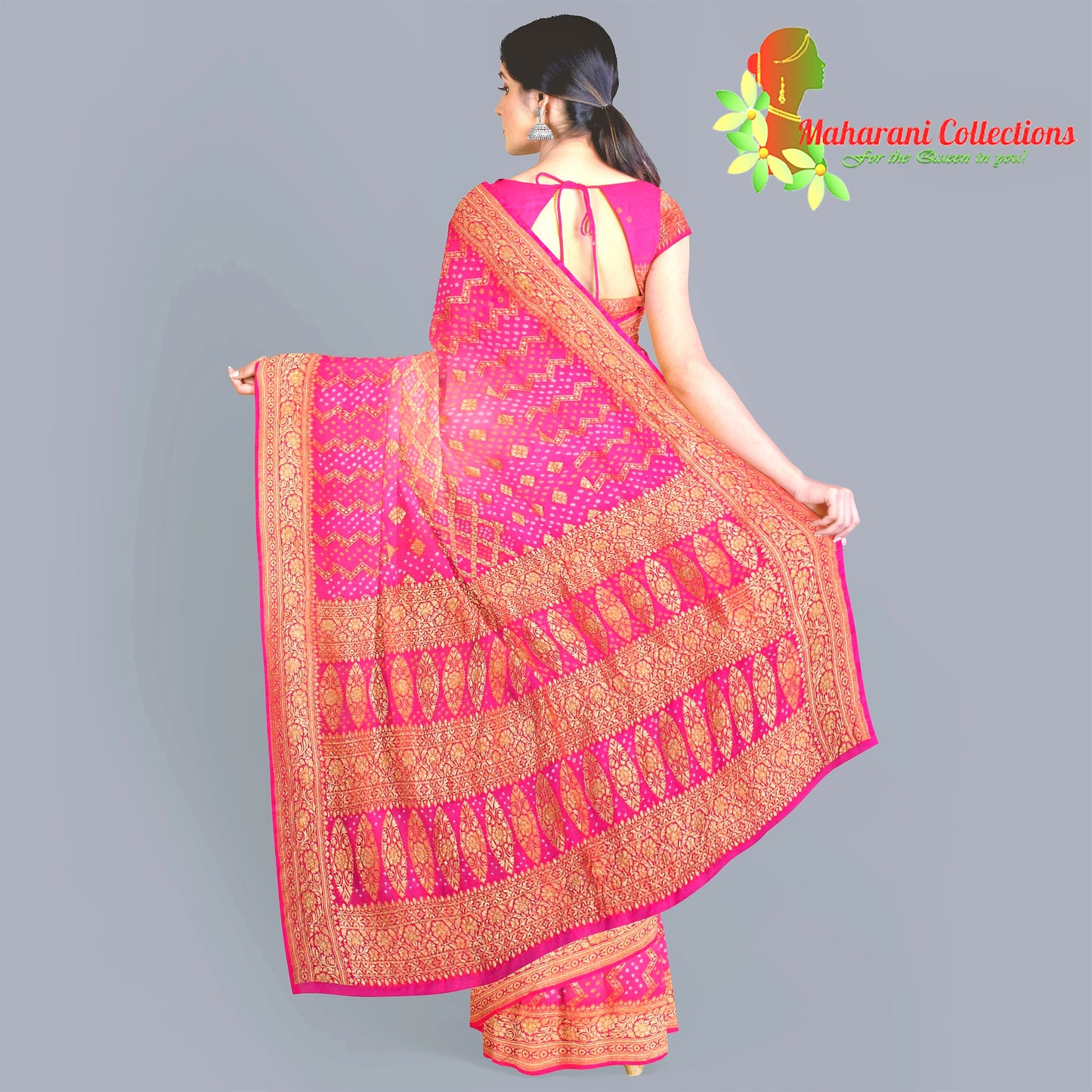 Maharani's Pure Banarasi Georgette Bandhej Saree - Pink (with Stitched Blouse and Petticoat)