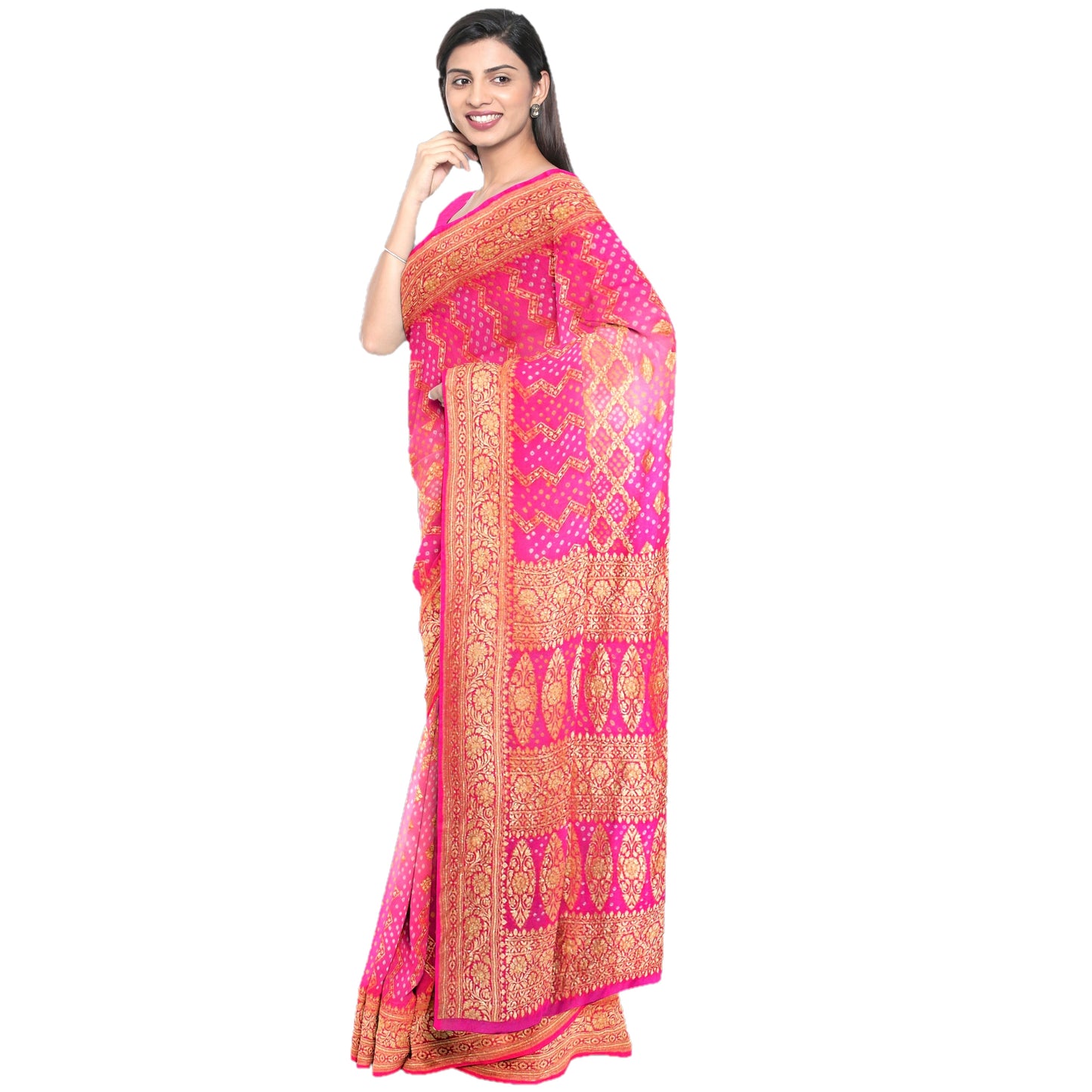 Maharani's Pure Banarasi Georgette Bandhej Saree - Pink (with Stitched Blouse and Petticoat)