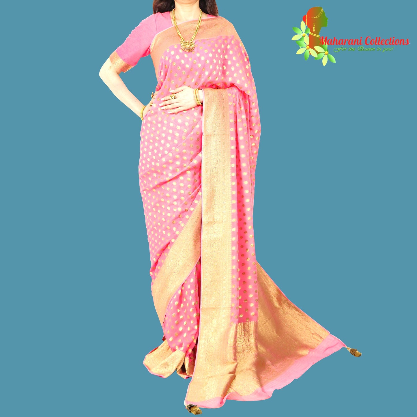Maharani's Pure Banarasi Khaddi Georgette Saree - Pink (with Stitched Blouse and Petticoat)