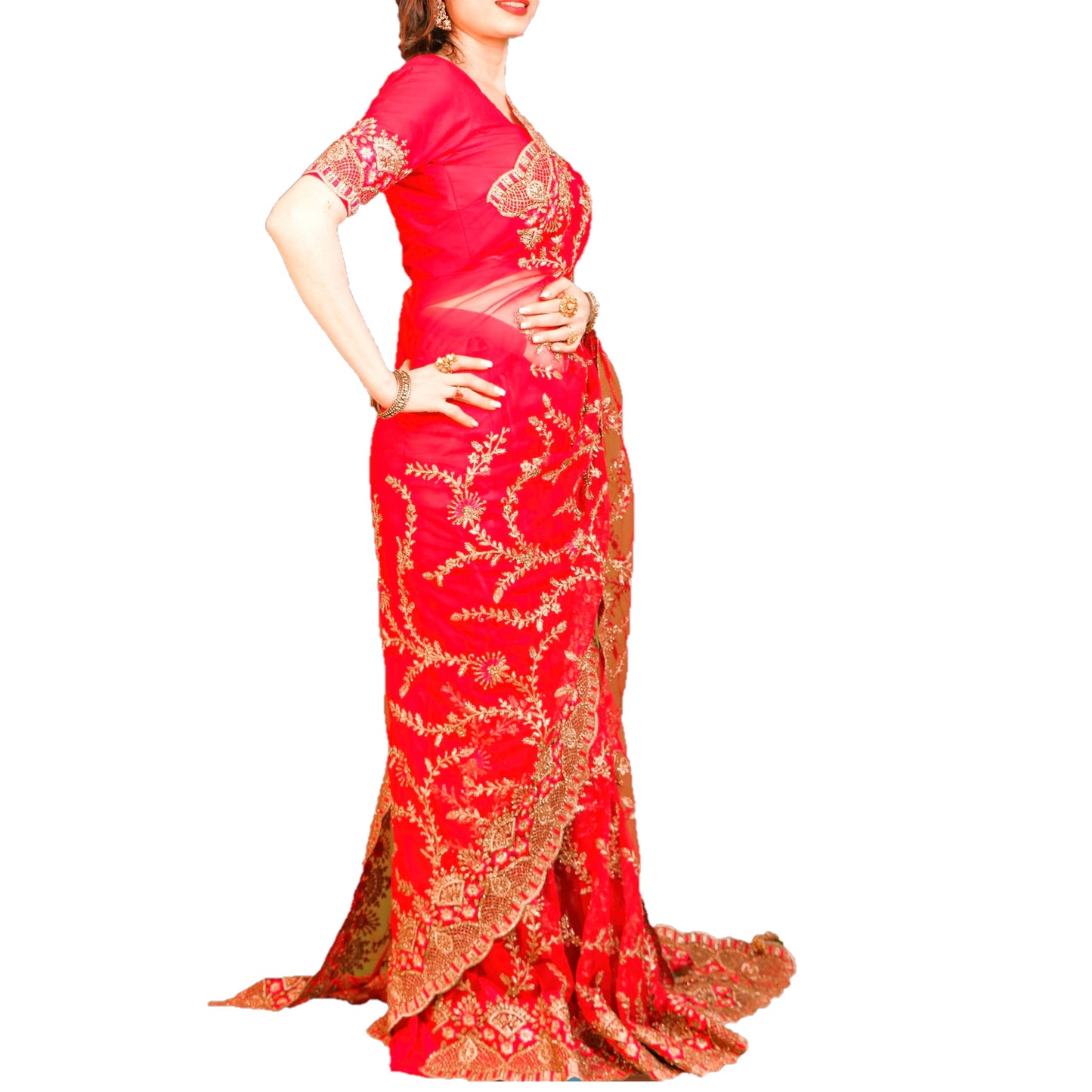 Maharani's Party Wear Heavy Zari Net Georgette Saree - Bridal Red (with Stitched Blouse and Petticoat)