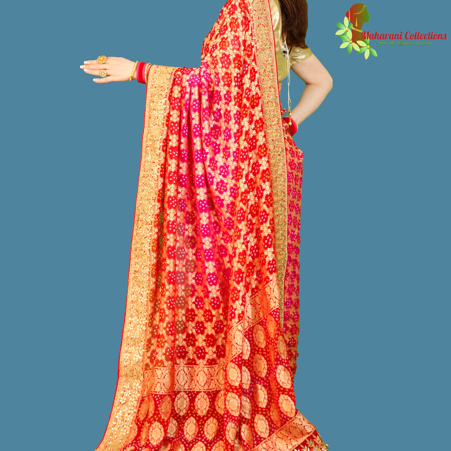 Maharani's Pure Handloom Banarasi Bandhej Silk Saree - Bridal Red (with Stitched Blouse and Petticoat)