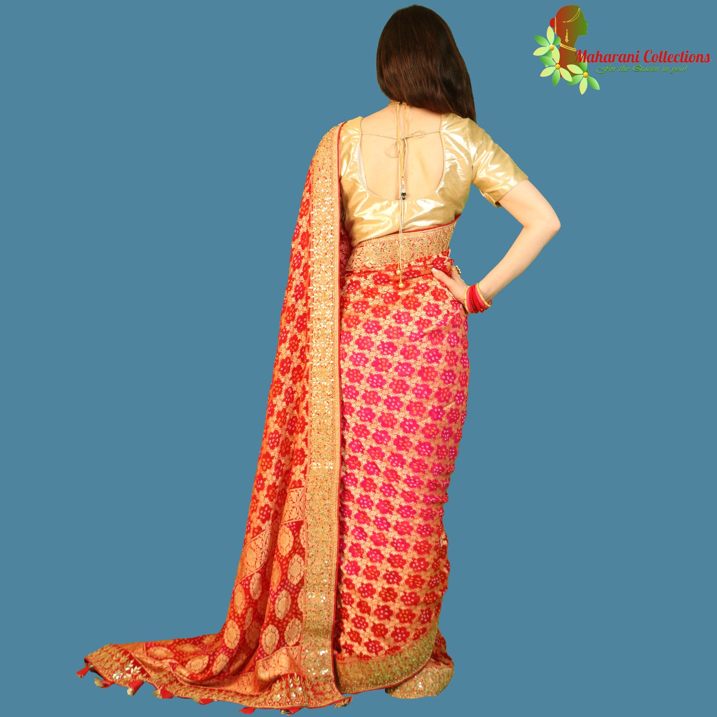 Maharani's Pure Handloom Banarasi Bandhej Silk Saree - Bridal Red (with Stitched Blouse and Petticoat)