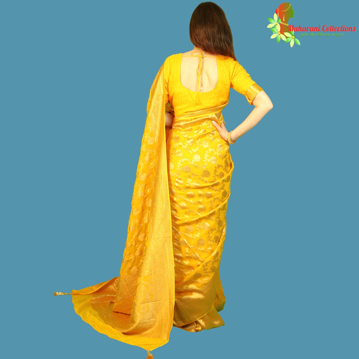 Maharani's Pure Banarasi Khaddi Georgette Saree - Yellow (with Stitched Blouse and Petticoat)
