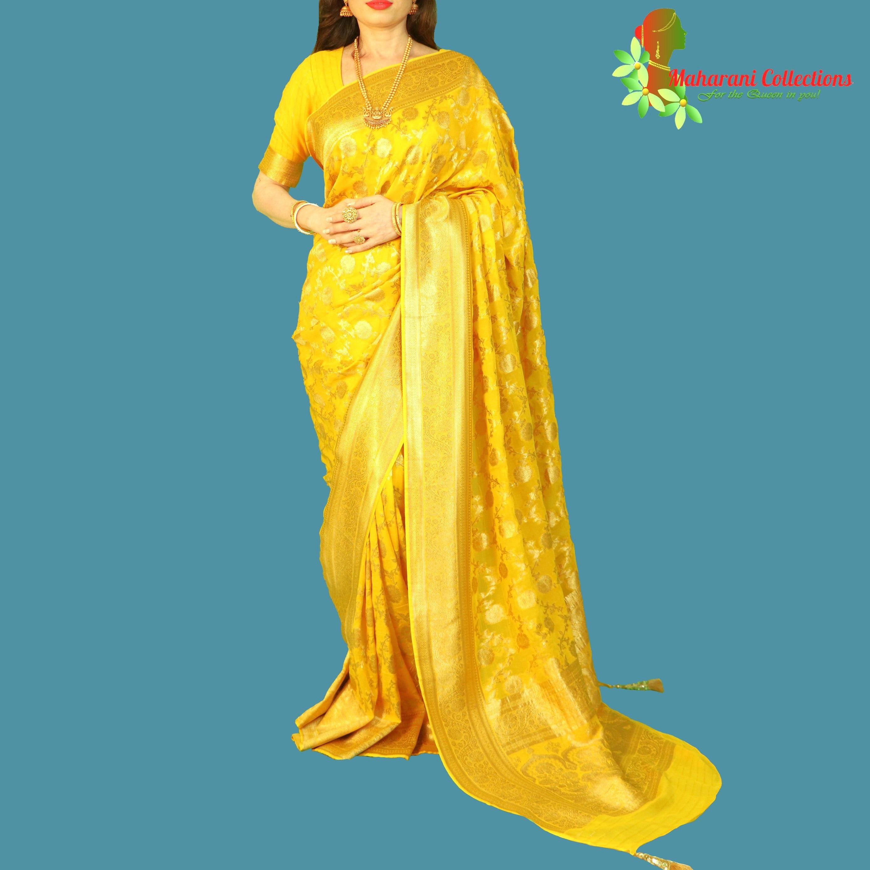 Banarasi Khaddi Georgette Saree Red & Yellow Contrast Color Booti Design –  Banaras Weaves