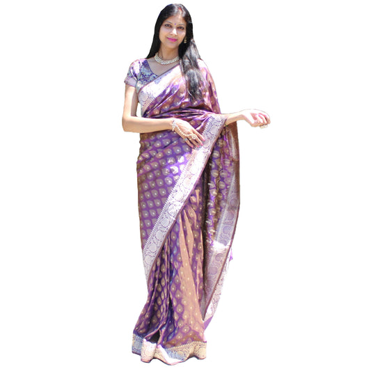 Maharani's Pure Handloom Banarasi Katan Silk Saree - Purple with Golden Zari