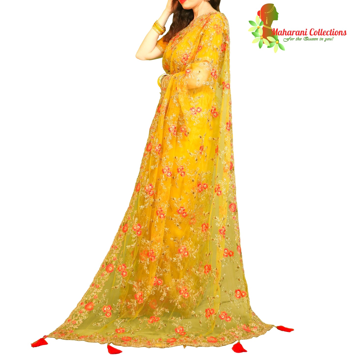 Maharani's Designer Party Wear Net Silk Saree - Deep Yellow (with stitched Blouse and Petticoat)