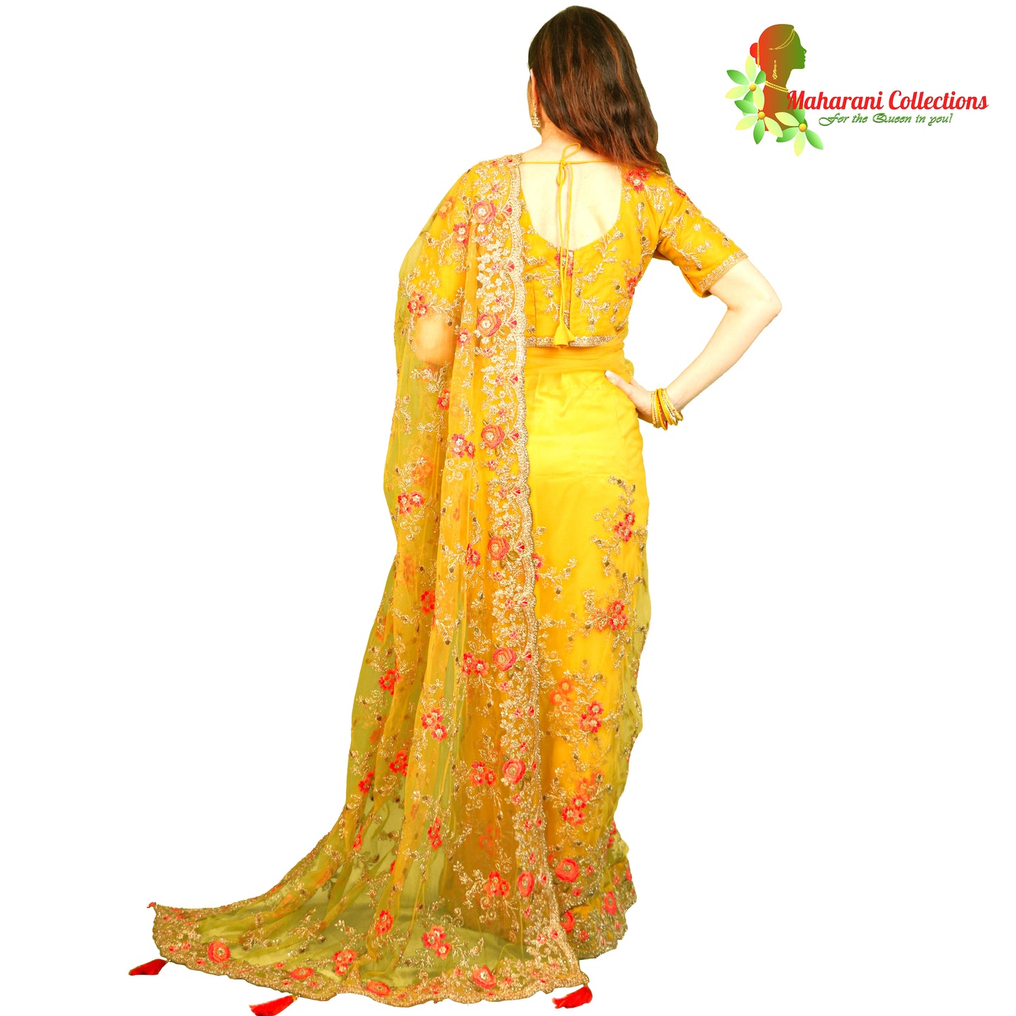 Maharani's Designer Party Wear Net Silk Saree - Deep Yellow (with stitched Blouse and Petticoat)
