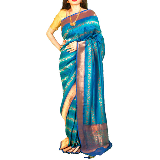 Maharani's Pure Handloom Banarasi Katan Silk Saree - Indigo Blue