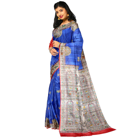 Pure Tussar Silk Saree (Silk Mark) - Robin Blue - Madhubani Hand Painting (with Stitched Blouse & Petticoat)