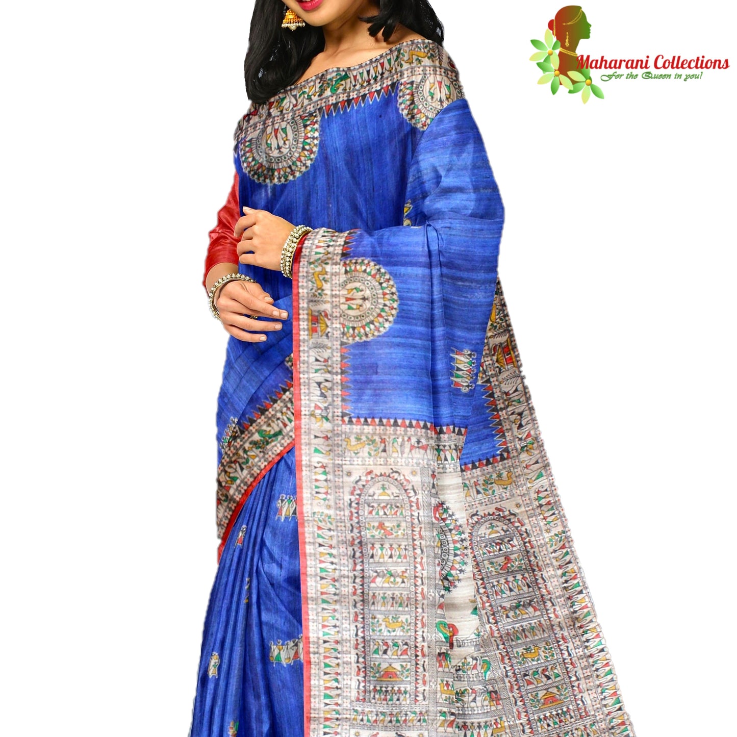 Pure Tussar Silk Saree (Silk Mark) - Robin Blue - Madhubani Hand Painting (with Stitched Blouse & Petticoat)