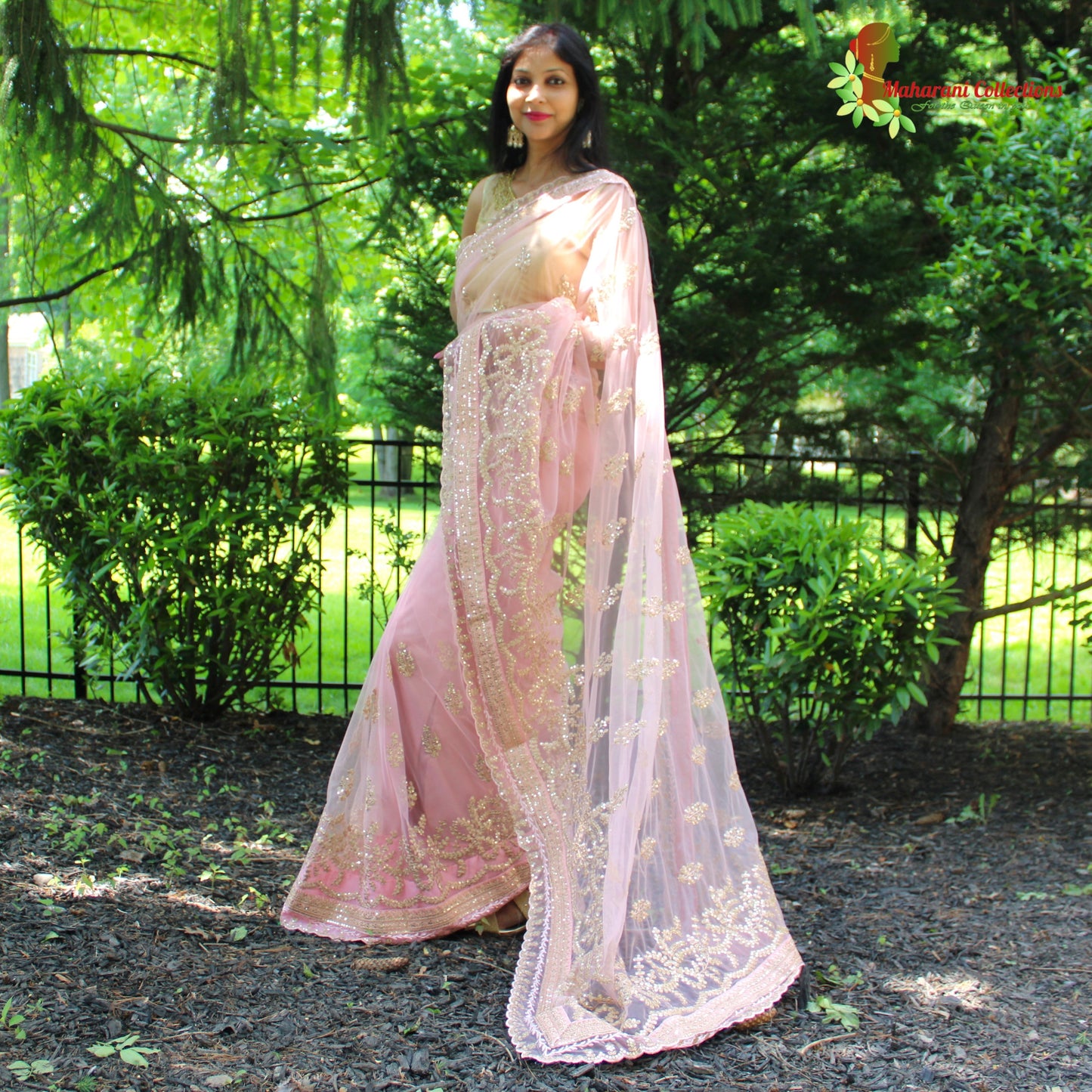 Maharani's Designer Party Wear Net Silk Saree - Pink (with stitched Blouse and Petticoat)