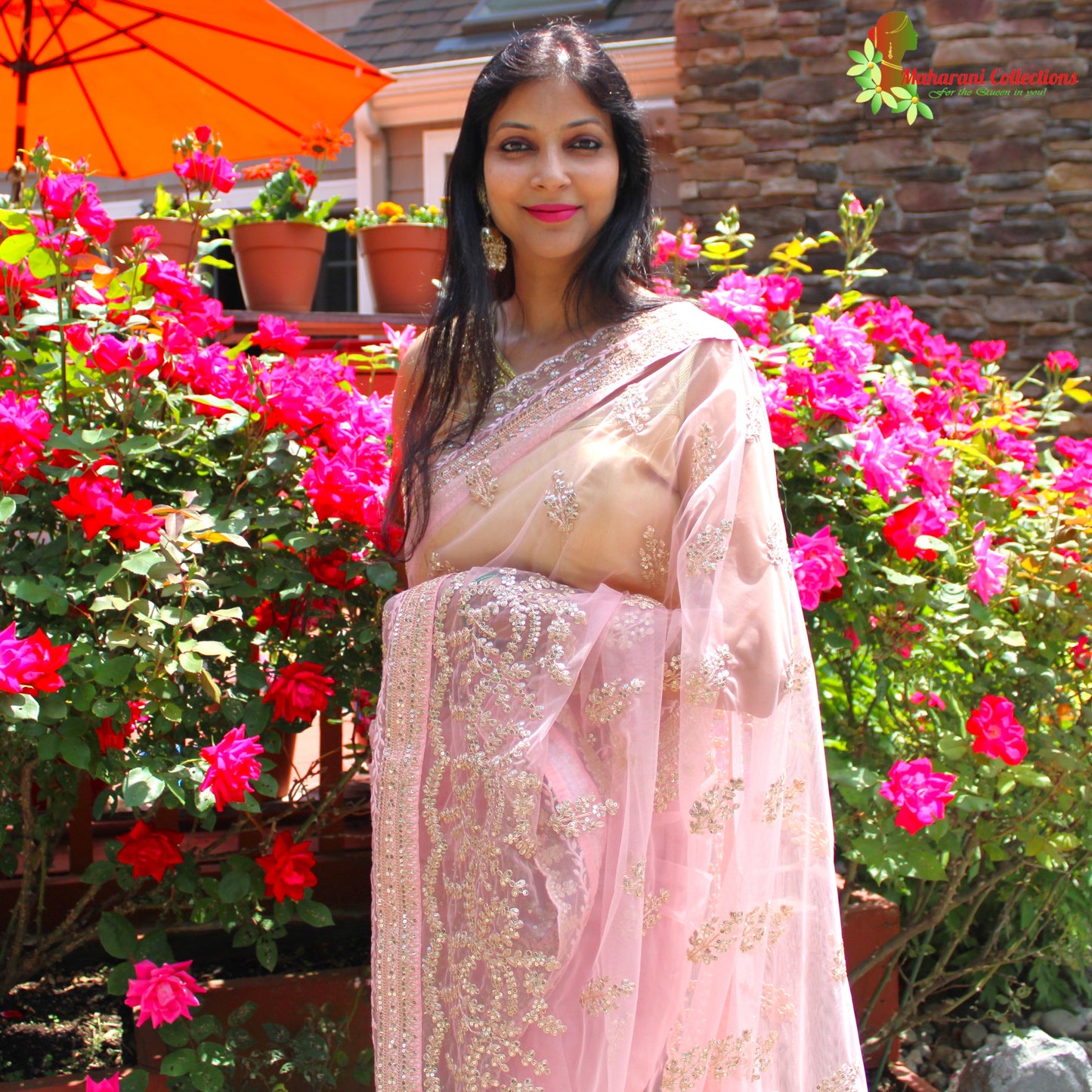 Maharani's Designer Party Wear Net Silk Saree - Pink (with stitched Blouse and Petticoat)