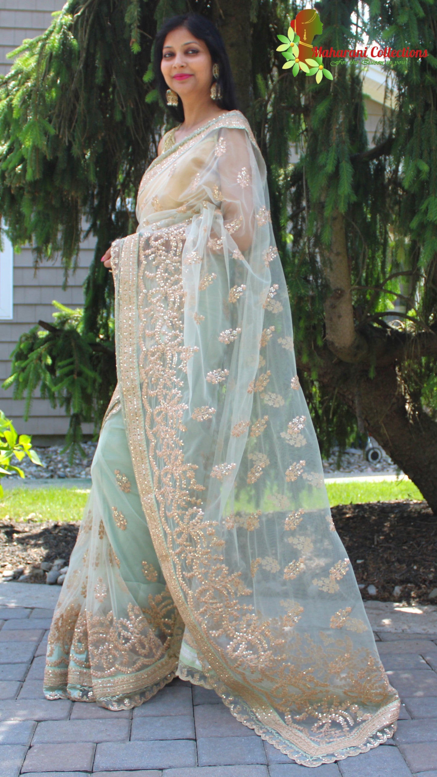 Maharani's Designer Party Wear Net Silk Saree - Sea Green (with stitched Blouse and Petticoat)