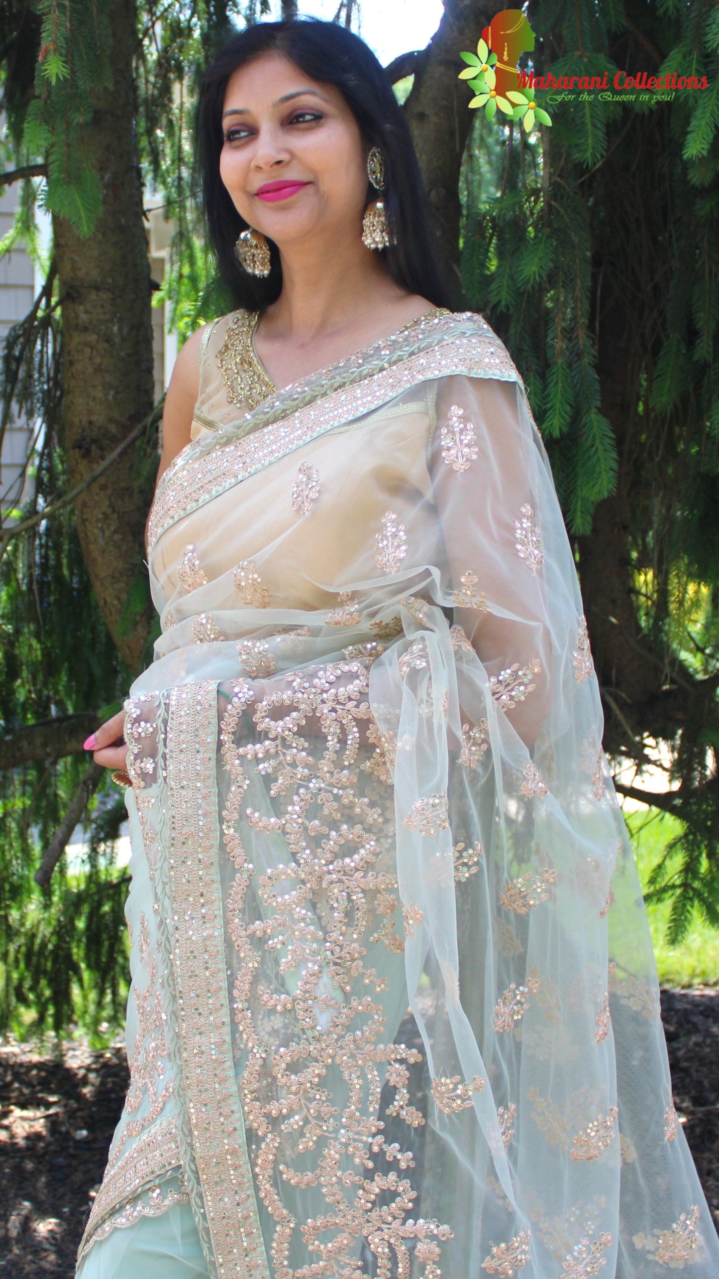 Maharani's Designer Party Wear Net Silk Saree - Sea Green (with stitched Blouse and Petticoat)