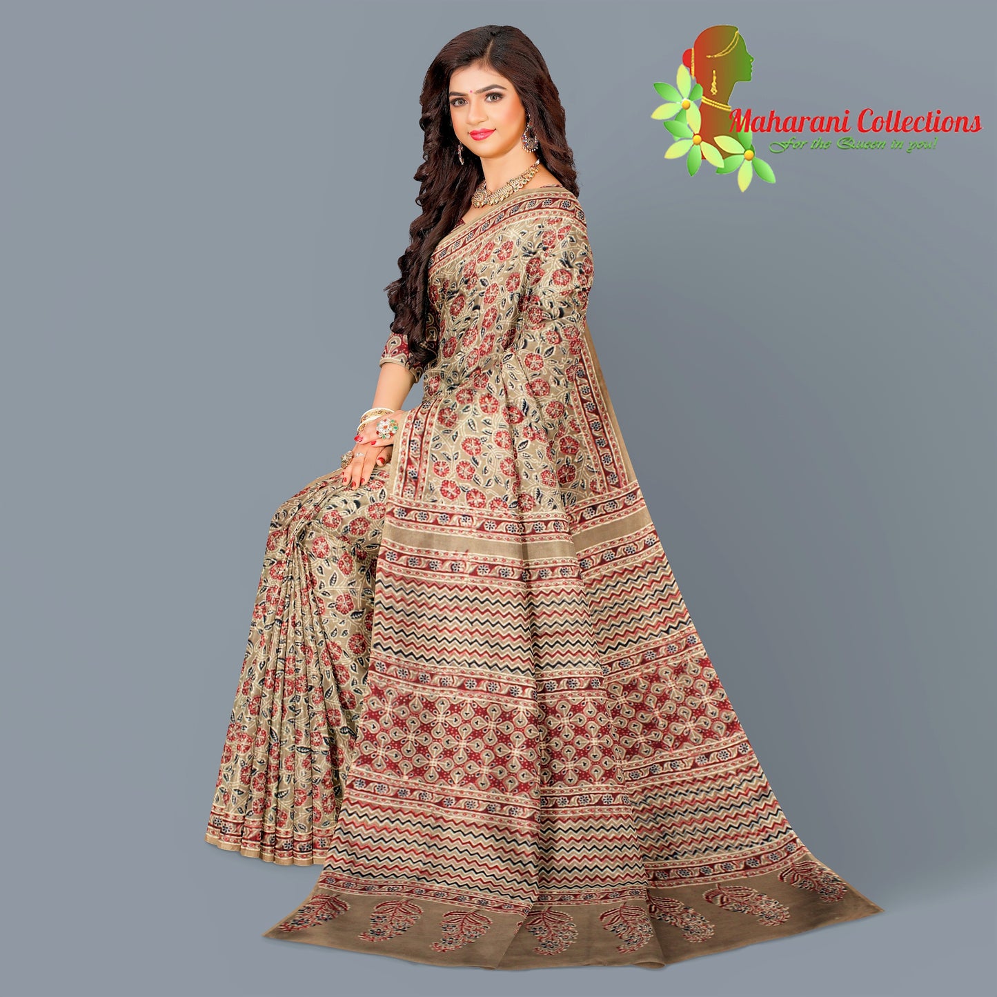 Rajasthani Ajrakh Mul-mul Silk Saree - Red and Brown  (with stitched blouse and petticoat)