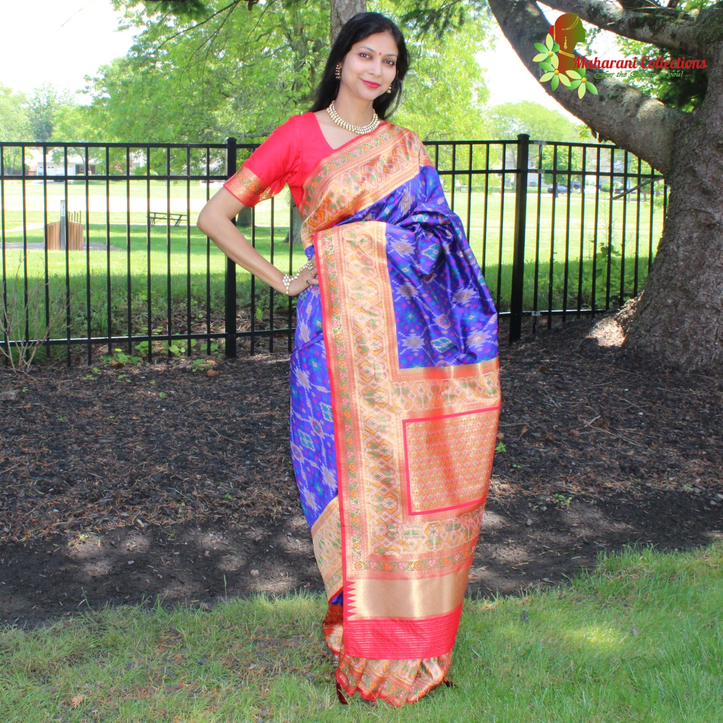 Maharani's Pure Banarasi Ikkat Patola Silk Saree - Robin Blue (with Stitched Blouse and Petticoat)