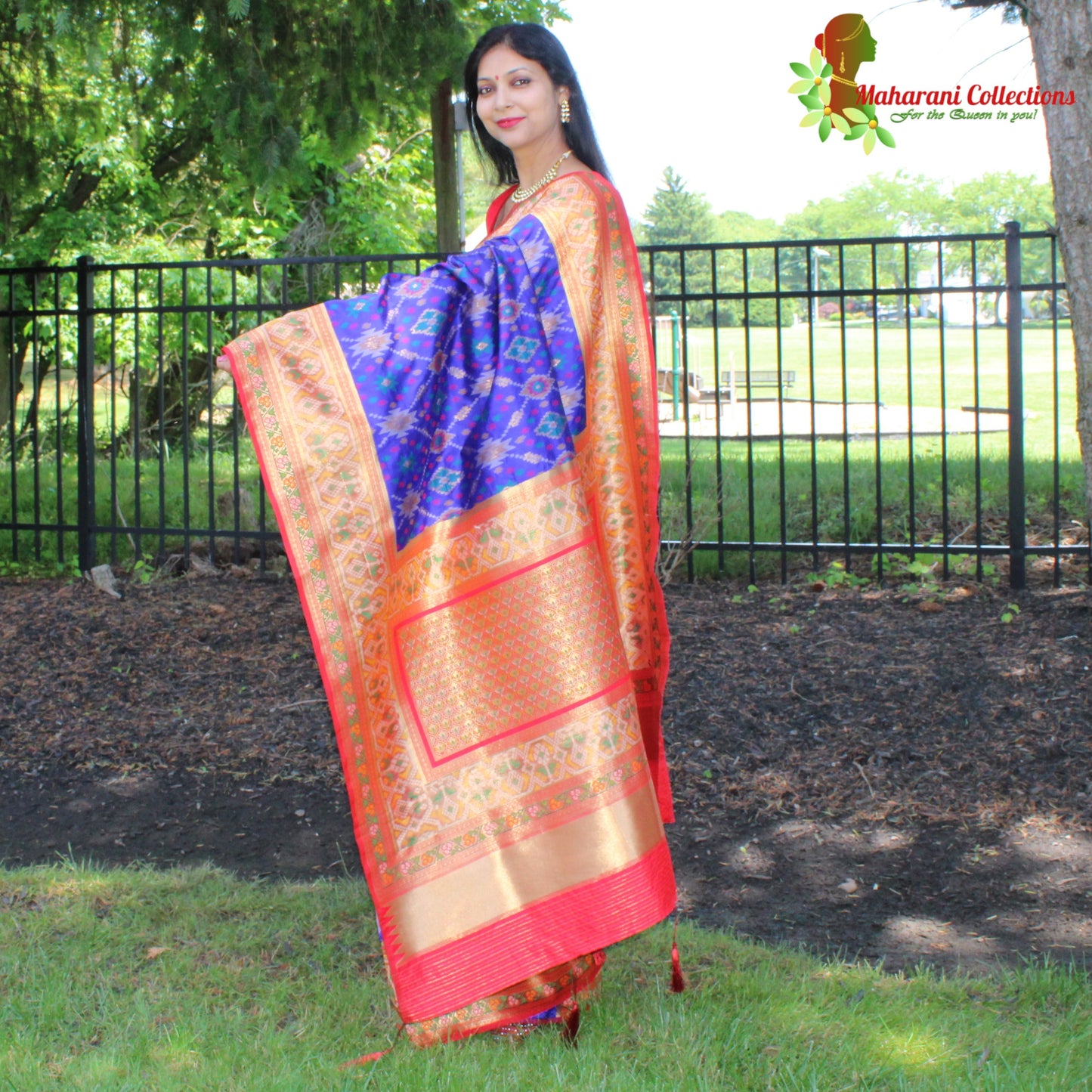 Maharani's Pure Banarasi Ikkat Patola Silk Saree - Robin Blue (with Stitched Blouse and Petticoat)