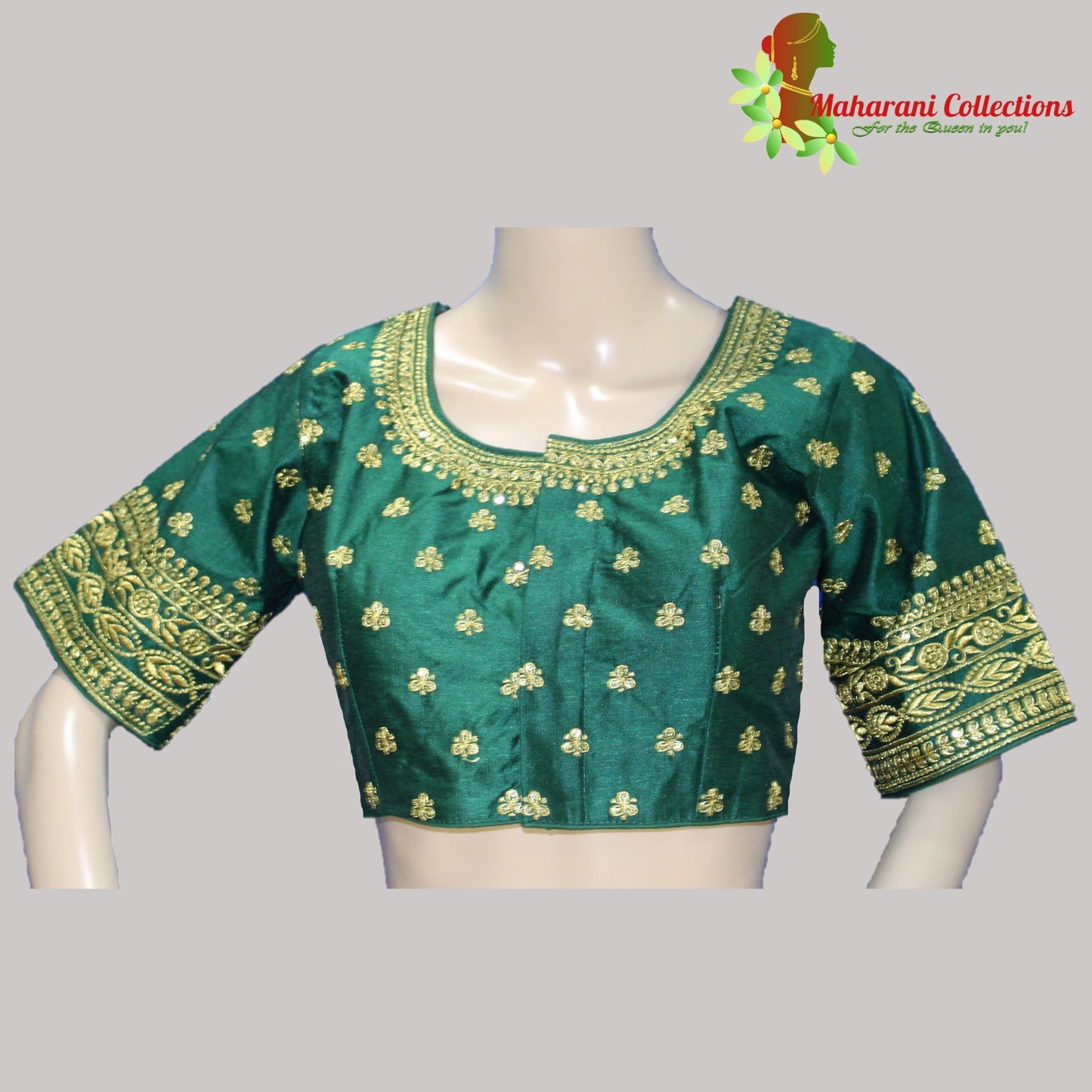 Maharani's Linen Silk Golden Zari Blouse - Green