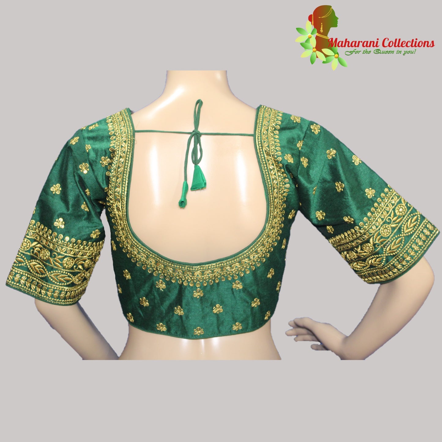 Maharani's Linen Silk Golden Zari Blouse - Green