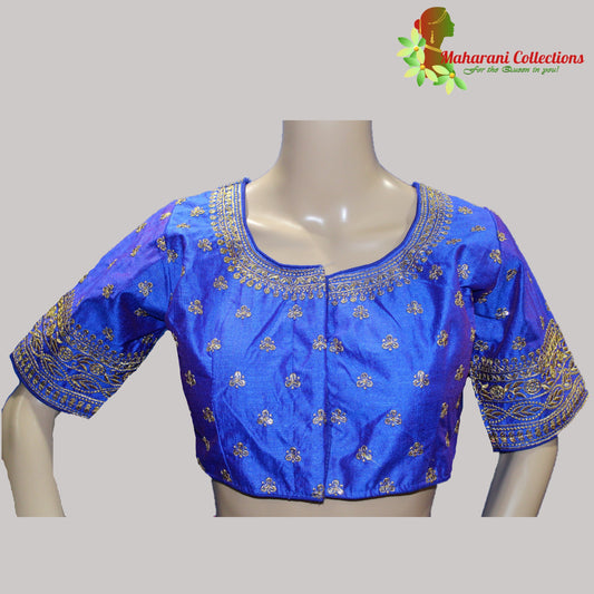 Maharani's Linen Silk Golden Zari Blouse - Blue