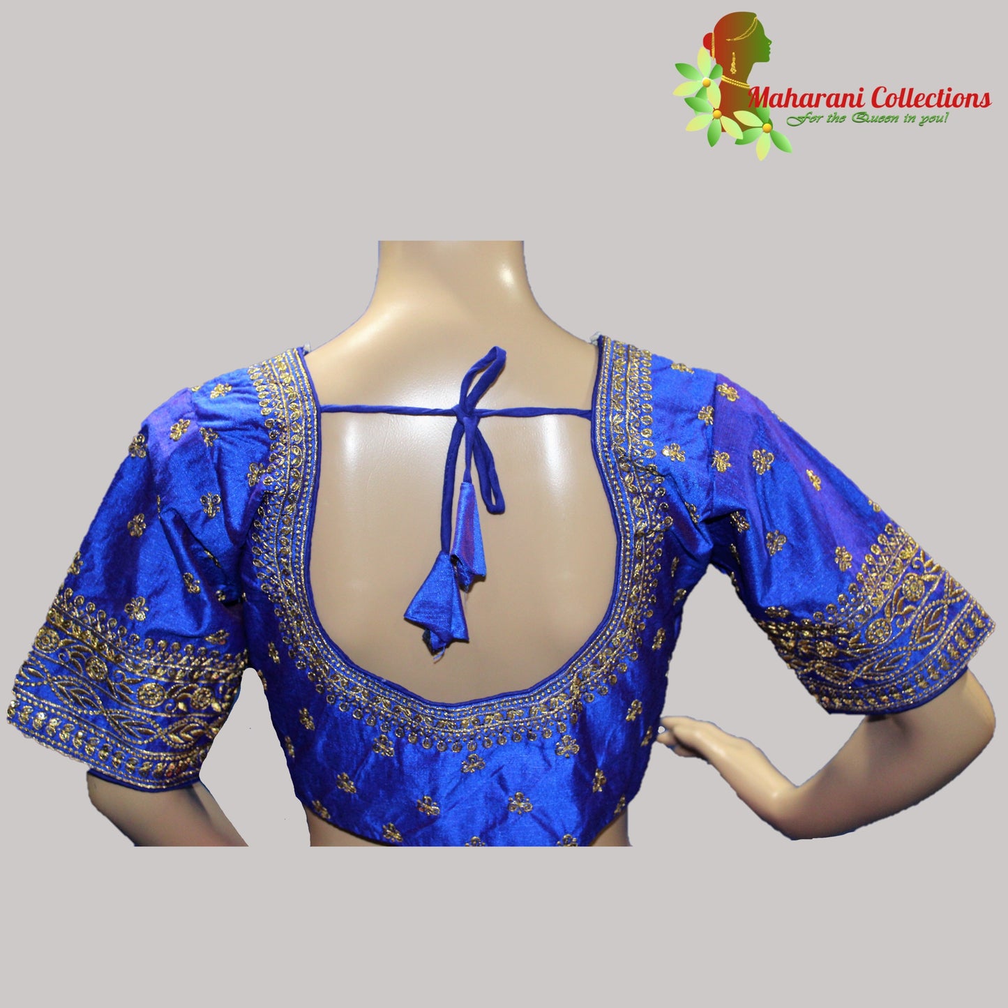 Maharani's Linen Silk Golden Zari Blouse - Blue