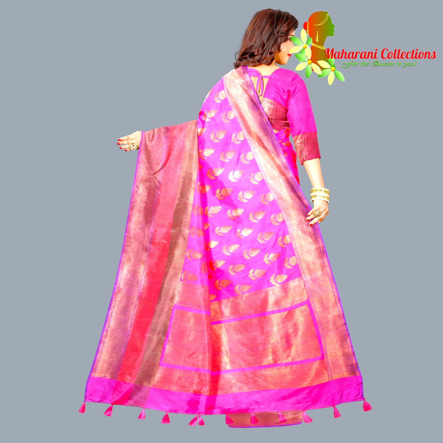 Maharani's Pure Banarasi Silk Saree - Magenta (with stitched Blouse and Petticoat)