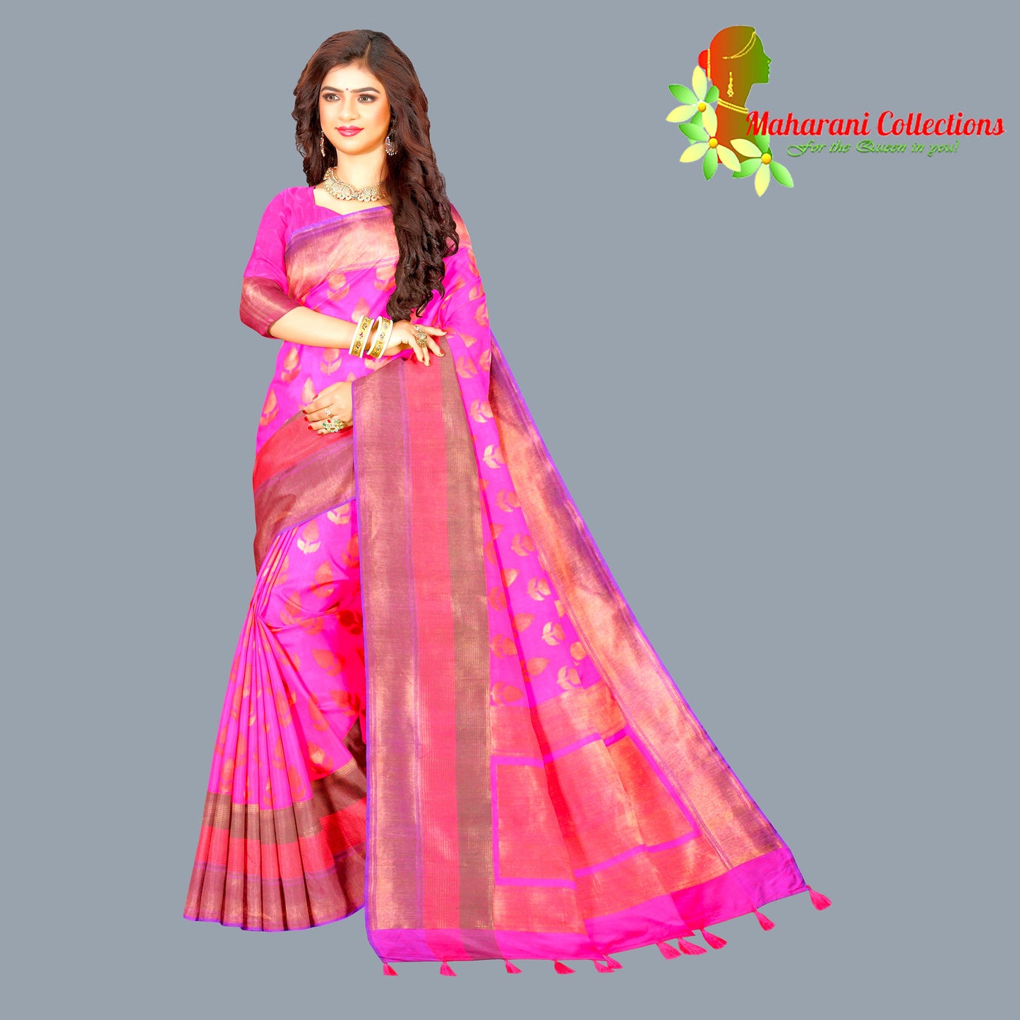 Maharani's Pure Banarasi Silk Saree - Magenta (with stitched Blouse and Petticoat)