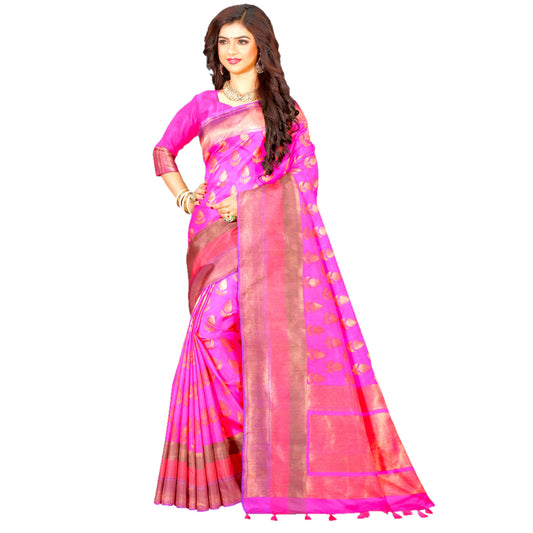 Maharani's Pure Banarasi Silk Saree - Magenta (with stitched Blouse and Petticoat)