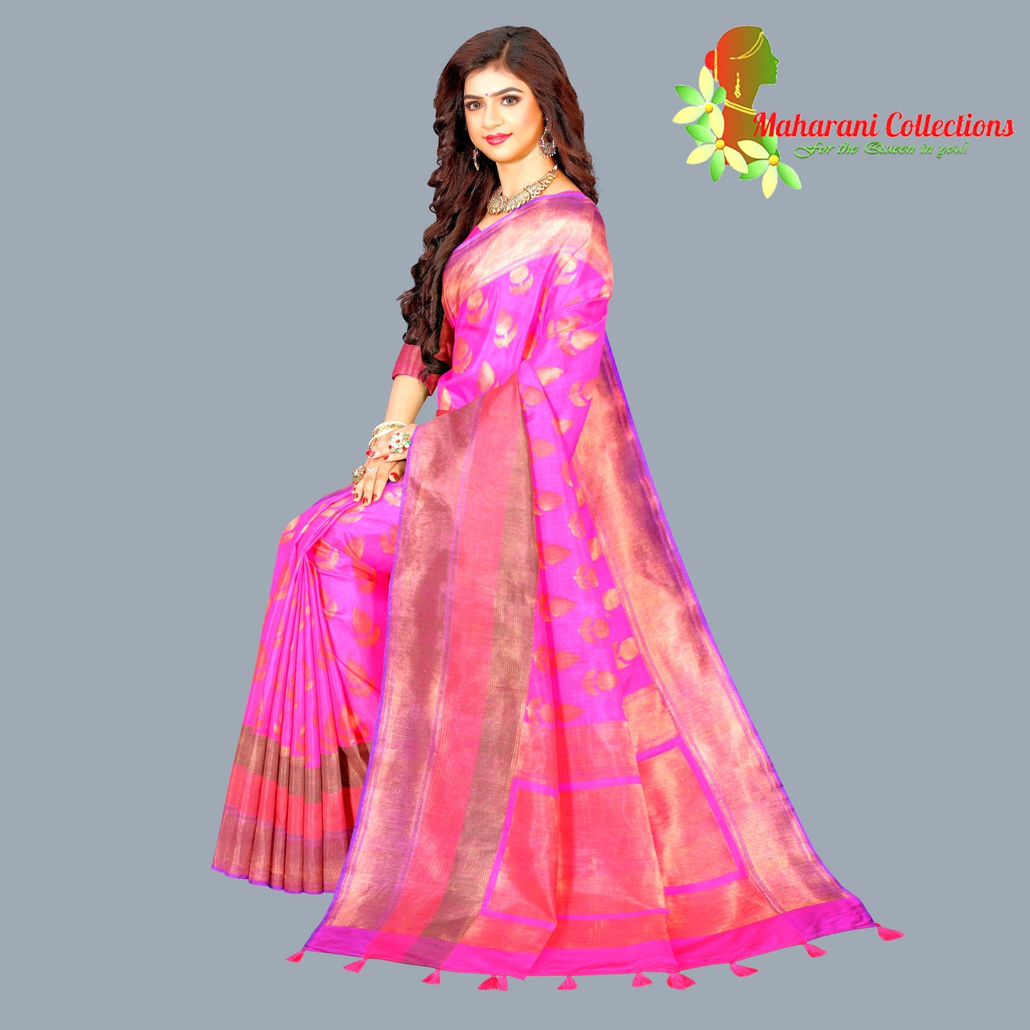 Maharani's Pure Banarasi Silk Saree - Magenta (with stitched Blouse and Petticoat)