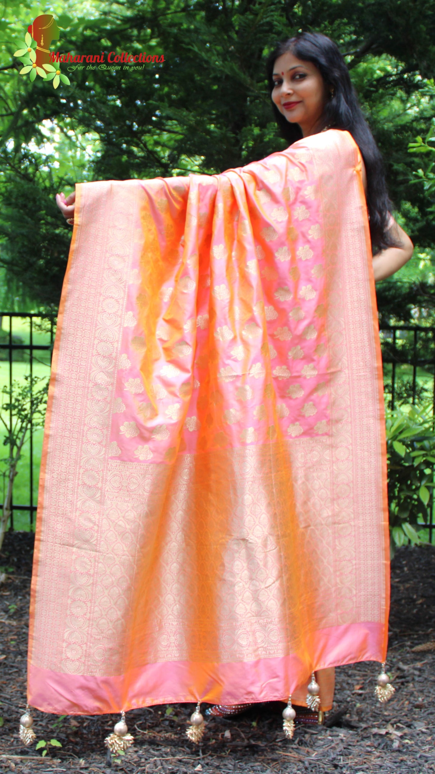 Maharani's Pure Banarasi Silk Saree - Orange and Pink Dual Shade (with stitched Blouse and Petticoat)