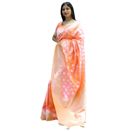 Maharani's Pure Banarasi Silk Saree - Orange and Pink Dual Shade (with stitched Blouse and Petticoat)