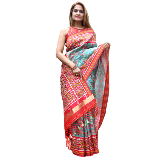 Maharani's Pure Banarasi Silk Saree - Sea Green and Red (with stitched Blouse and Petticoat)