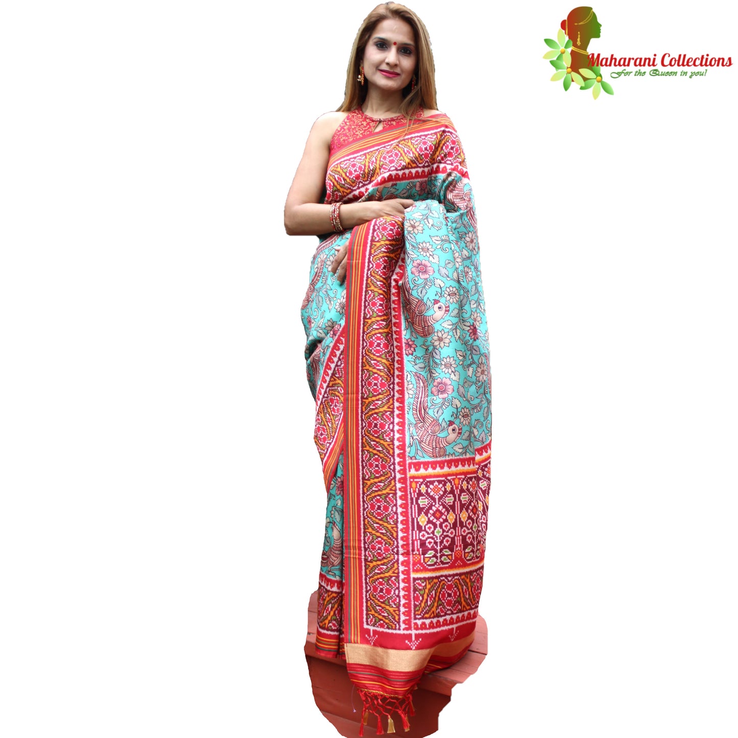 Maharani's Pure Banarasi Silk Saree - Sea Green and Red (with stitched Blouse and Petticoat)