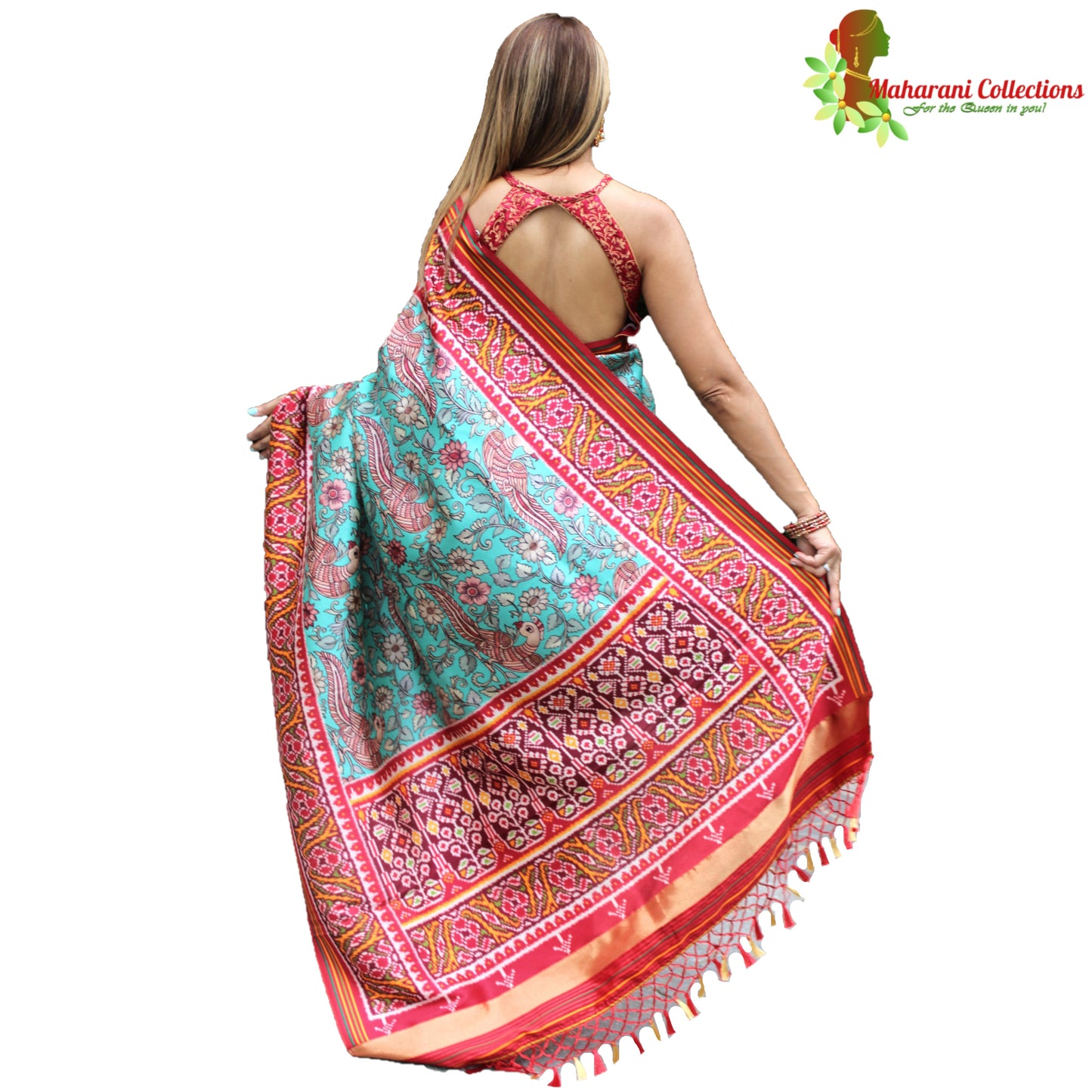 Maharani's Pure Banarasi Silk Saree - Sea Green and Red (with stitched Blouse and Petticoat)