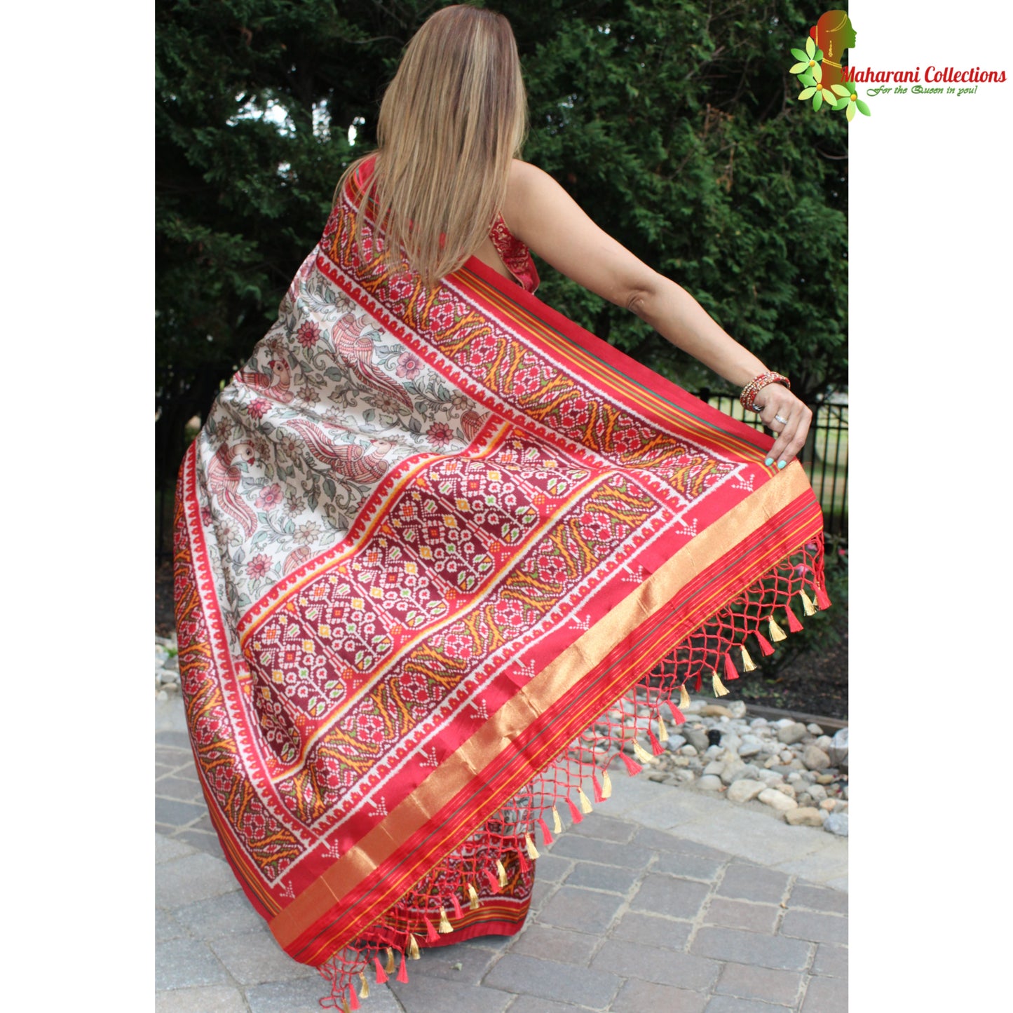 Maharani's Pure Banarasi Silk Saree - Cream and Red (with stitched Blouse and Petticoat)