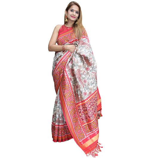 Maharani's Pure Banarasi Silk Saree - Cream and Red (with stitched Blouse and Petticoat)