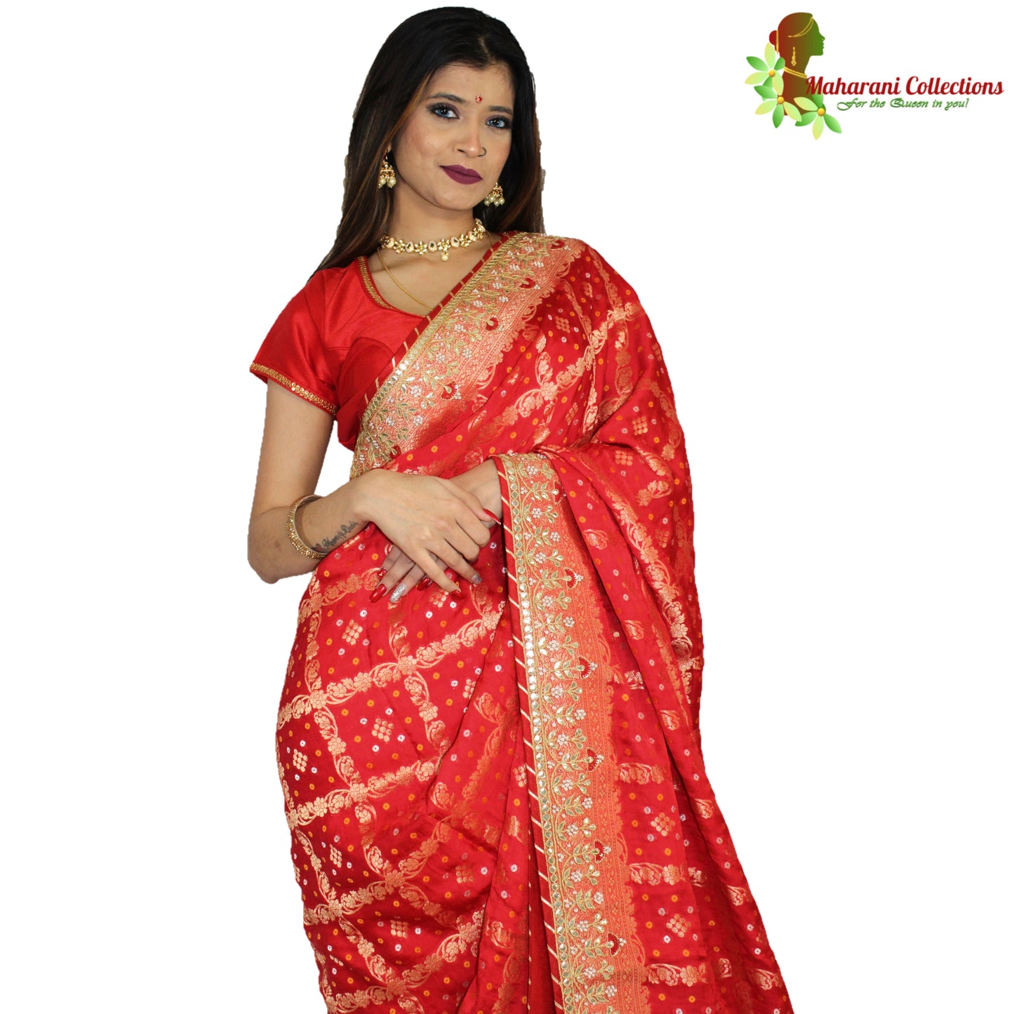 Maharani's Pure Banarasi Soft Silk Saree - Bridal Red (with Stitched Petticoat)
