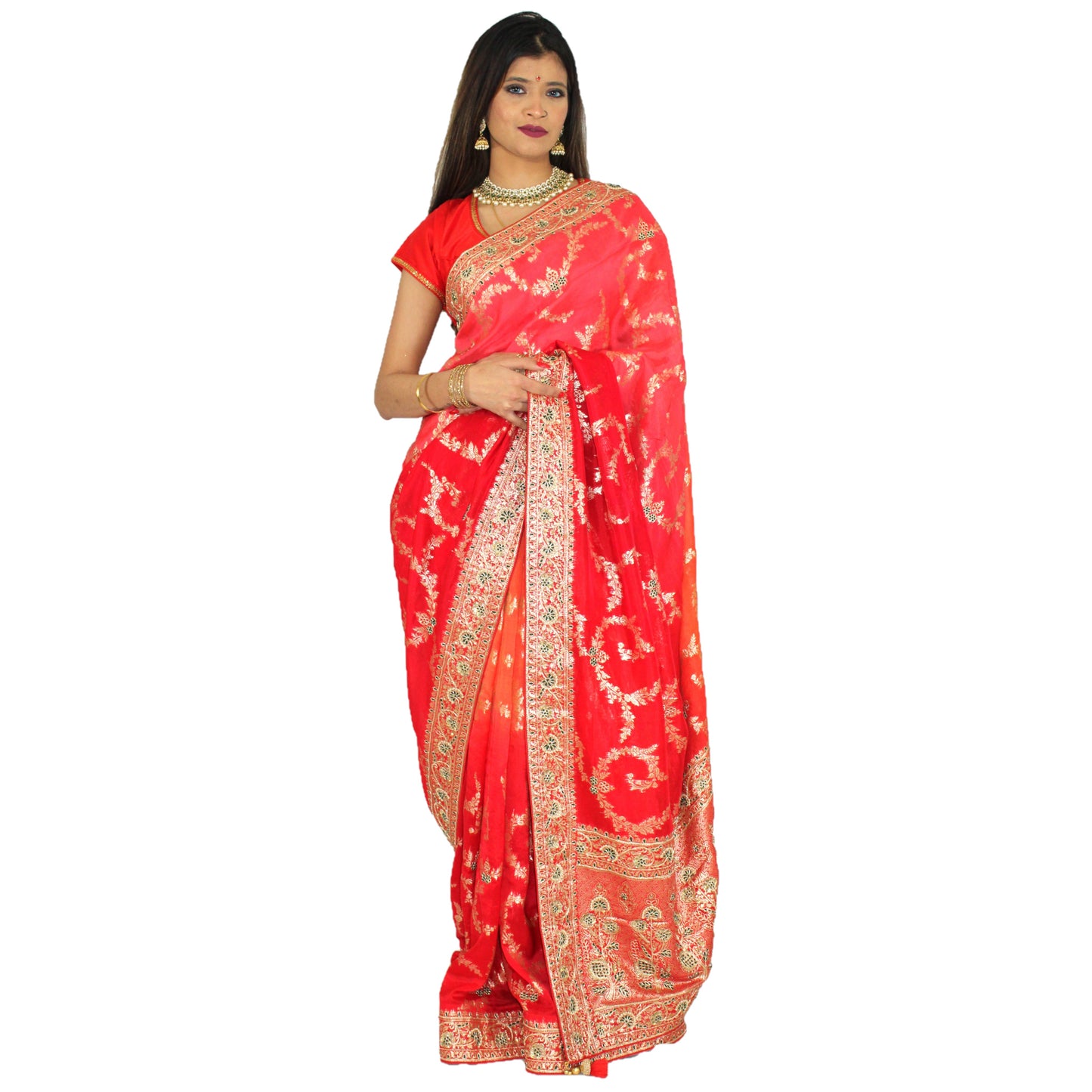 Maharani's Pure Banarasi Georgette Saree - Orange/Red/Pink (with Stitched Petticoat)