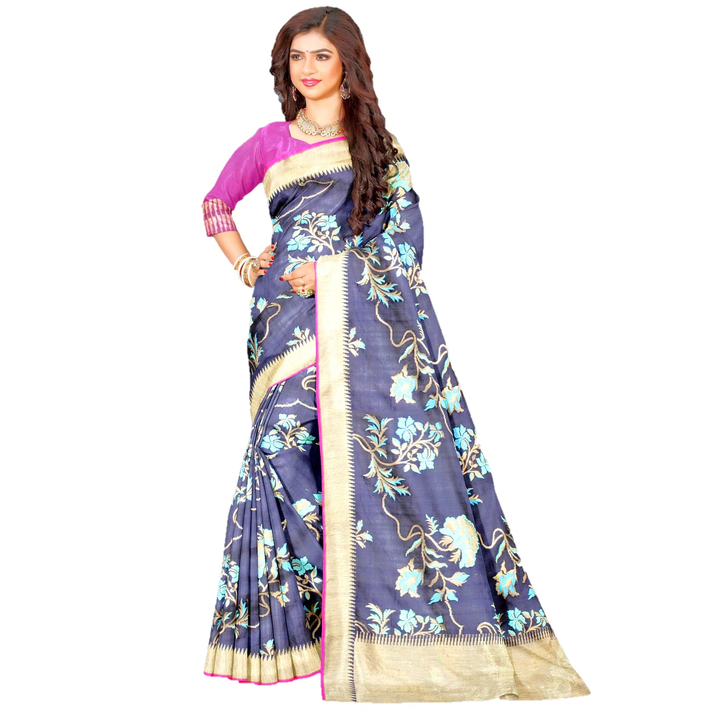 Maharani's Pure Banarasi Silk Saree - Navy Blue (with Stitched Blouse and Petticoat)
