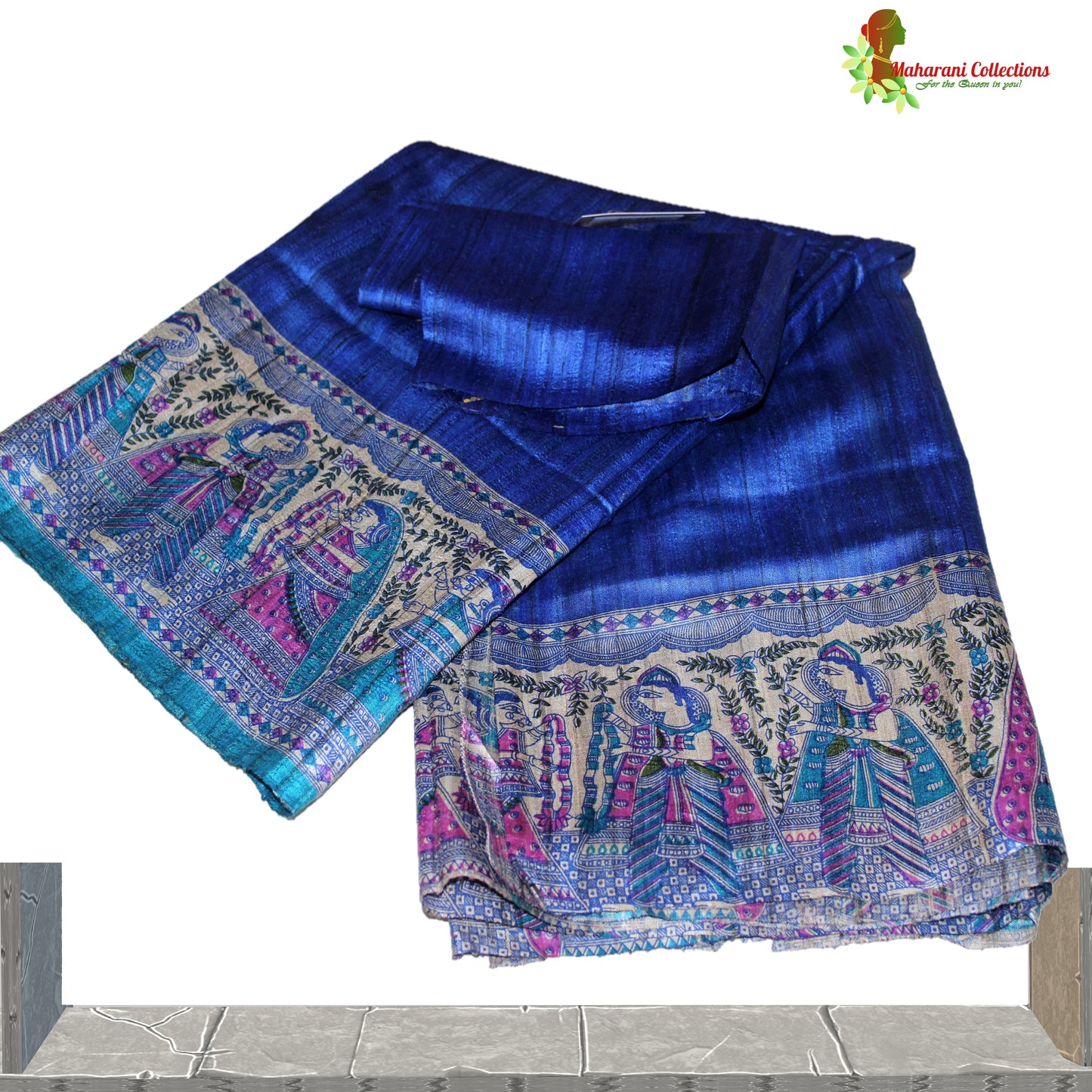 Pure Tussar Silk Saree (Silk Mark) - Navy Blue with Madhubani Work Pallu