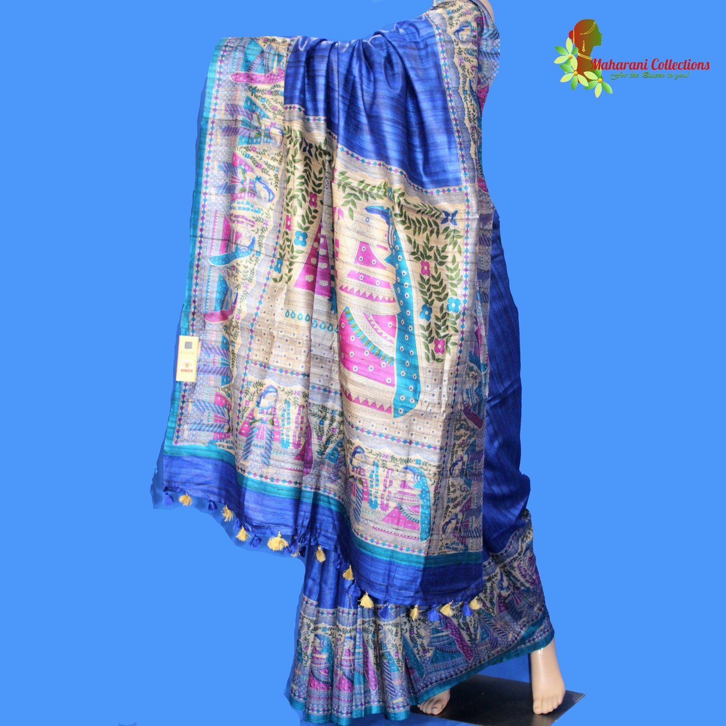 Pure Tussar Silk Saree (Silk Mark) - Navy Blue with Madhubani Work Pallu