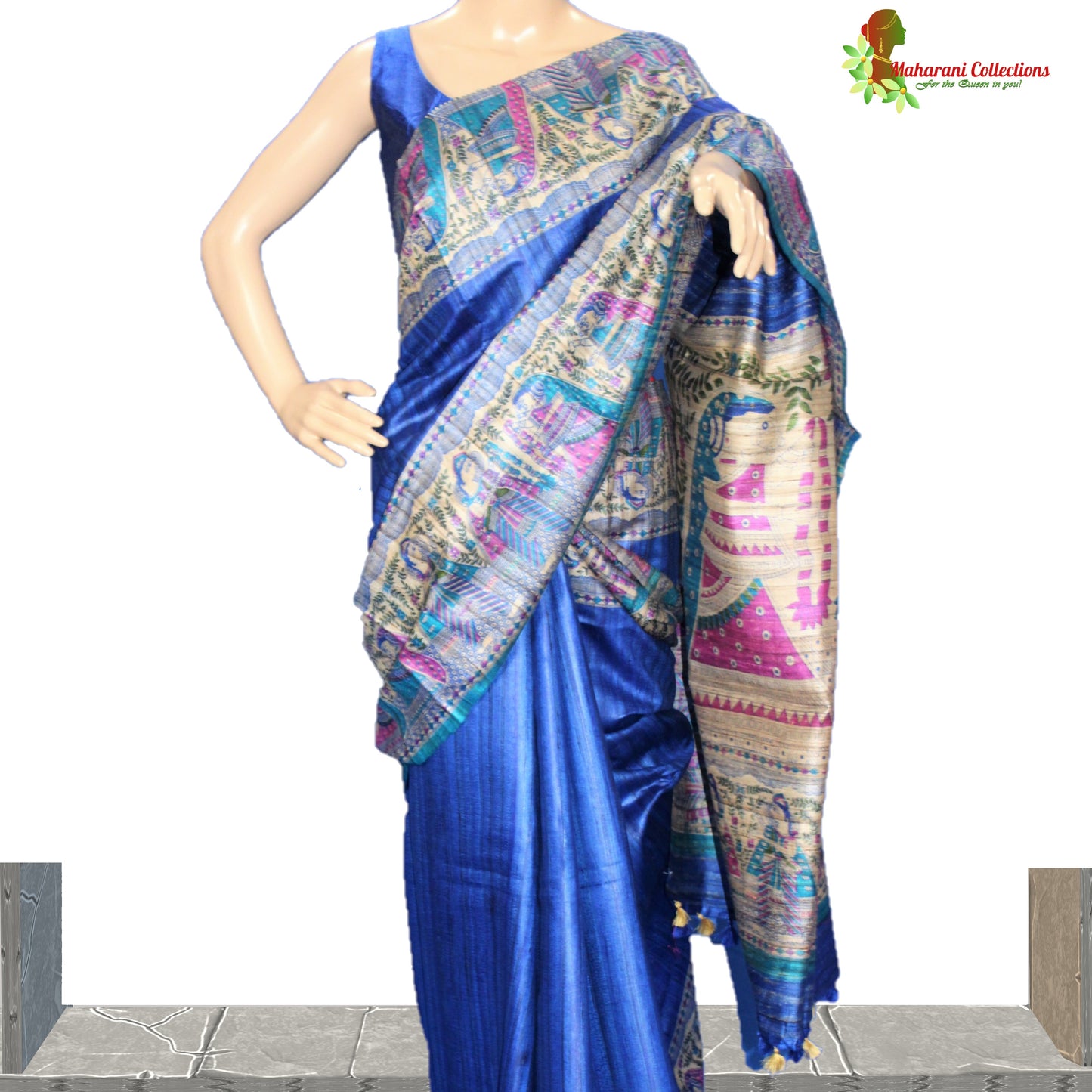 Pure Tussar Silk Saree (Silk Mark) - Navy Blue with Madhubani Work Pallu