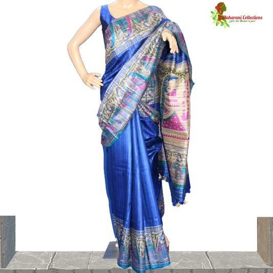 Pure Tussar Silk Saree (Silk Mark) - Navy Blue with Madhubani Work Pallu