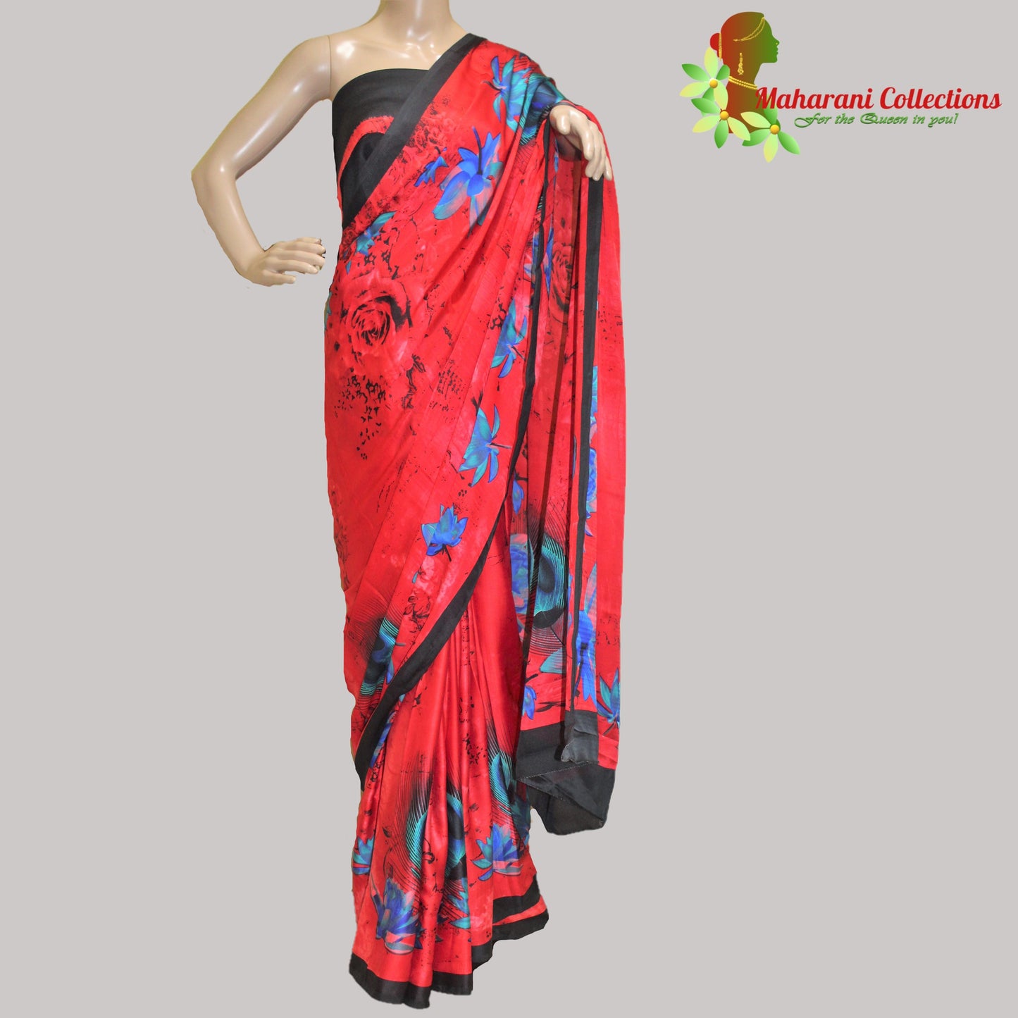 Satin Silk Saree - Flowery Red and Blue