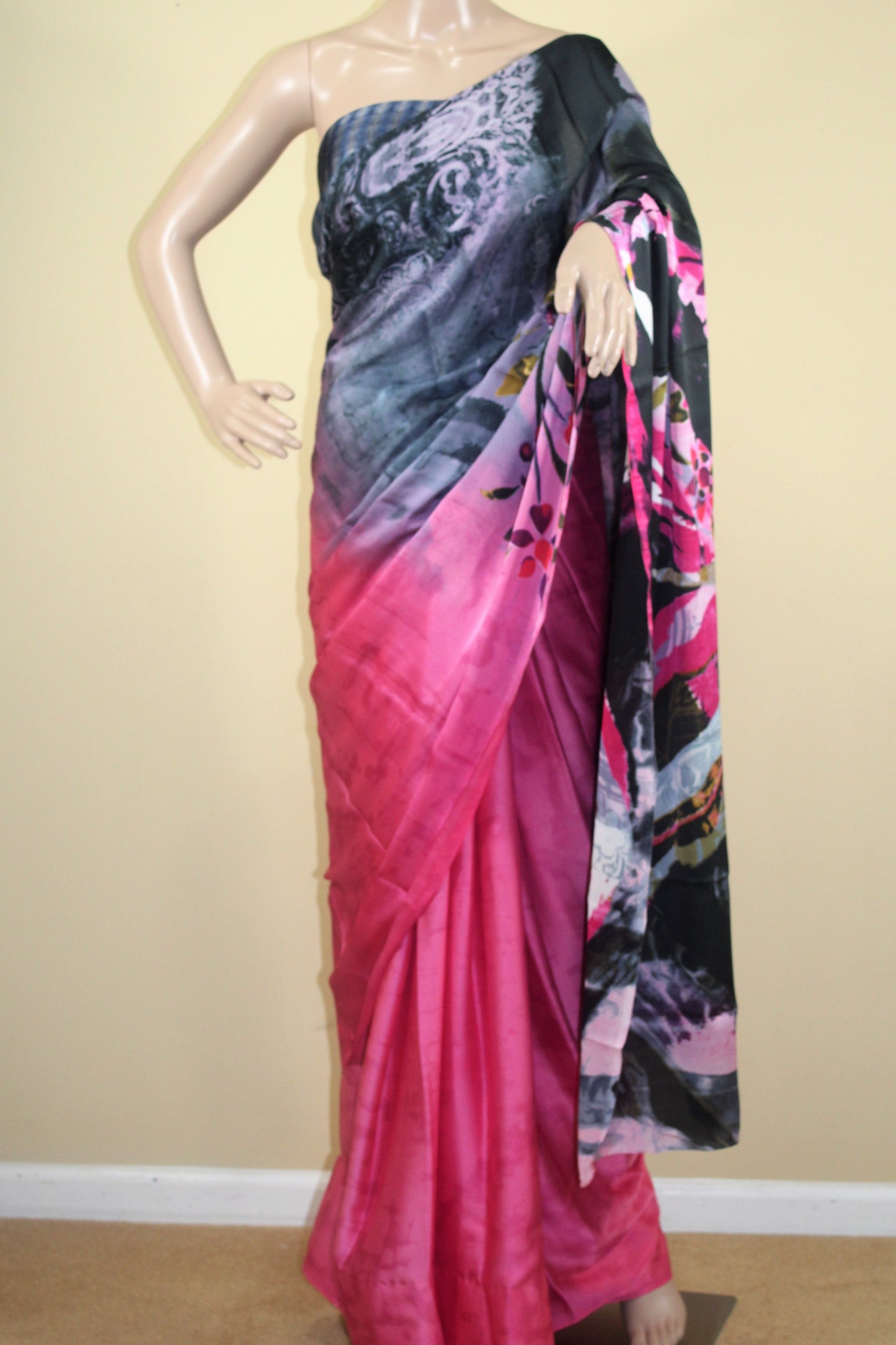 Pink and Black Satin Saree