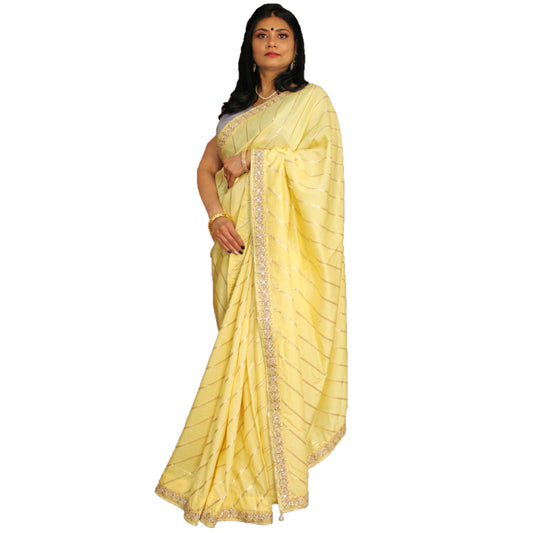 Maharani's Party Wear Georgette Lahariya Saree - Lemon Yellow (Includes Stitched Blouse and Petticoat)