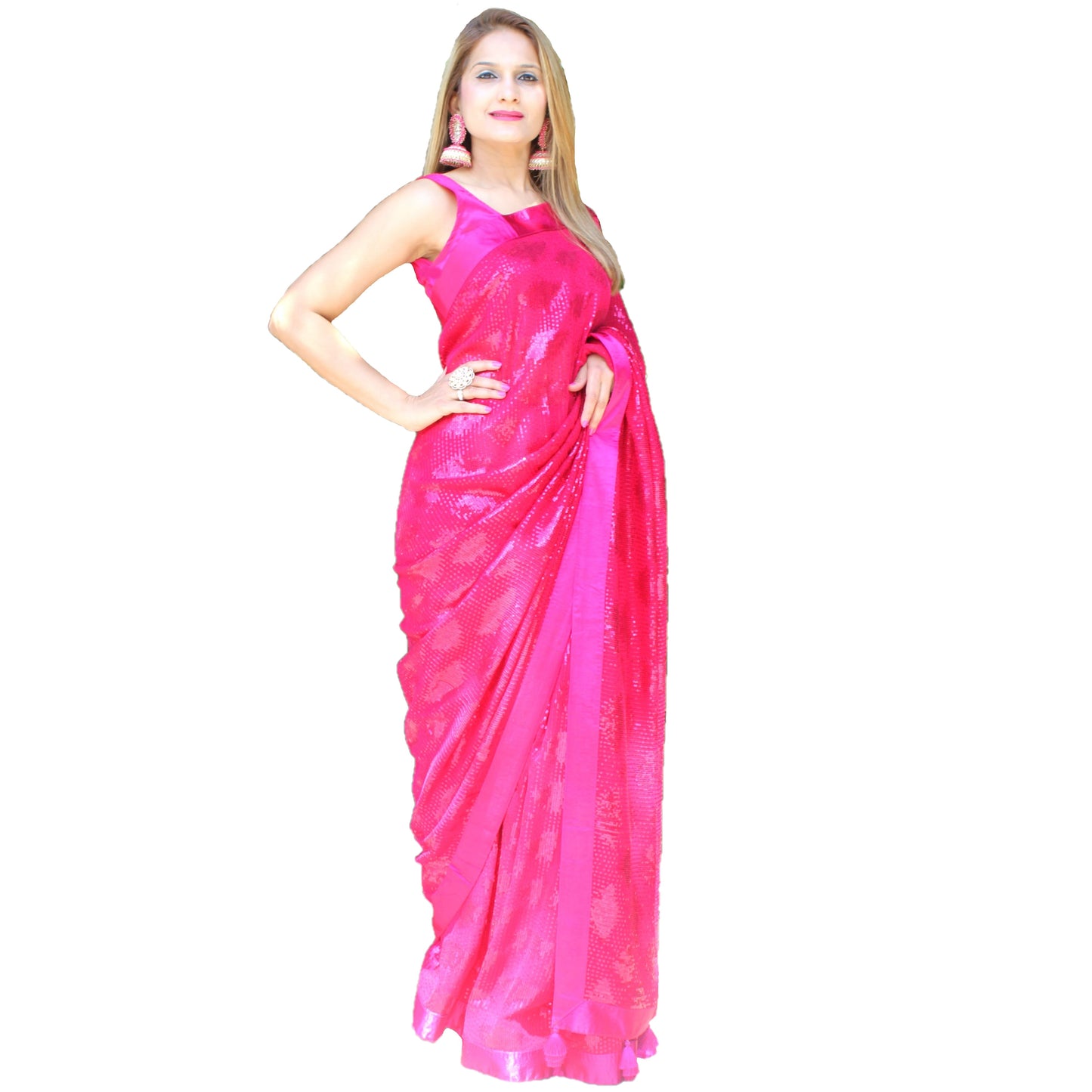 Maharani's Party Wear Georgette Sequins Saree - Magenta Red (with Stitched Blouse and Petticoat)