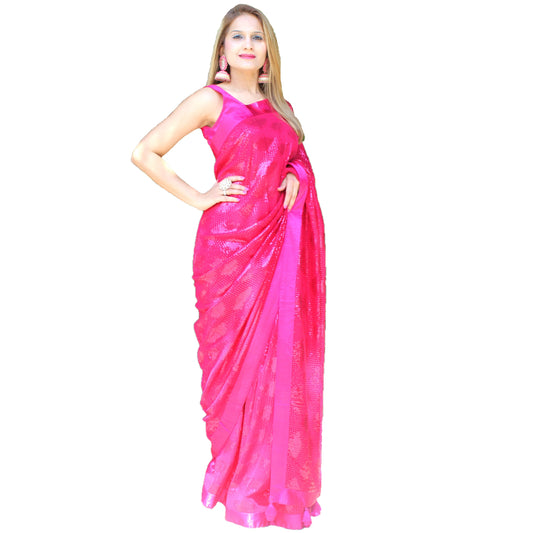 Maharani's Party Wear Georgette Sequins Saree - Magenta Red (with Stitched Blouse and Petticoat)